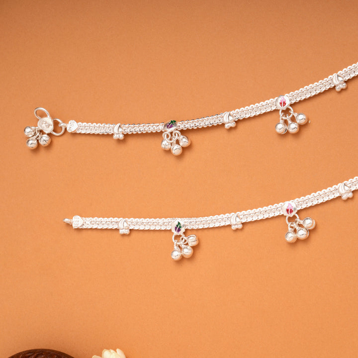 Tri Hexagonal Leafy Color Enamel Silver Anklets