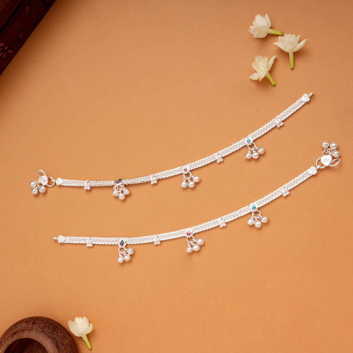 Tri Hexagonal Leafy Color Enamel Silver Anklets