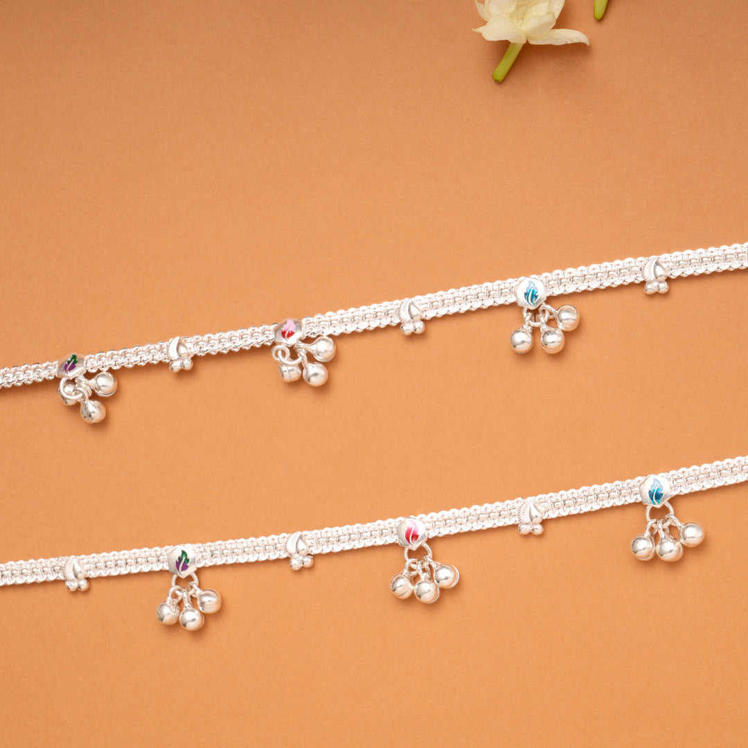 Hexagonal Leaf Pattern Enamel Silver Anklets