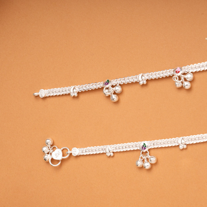 Hexagonal Leaf Pattern Enamel Silver Anklets