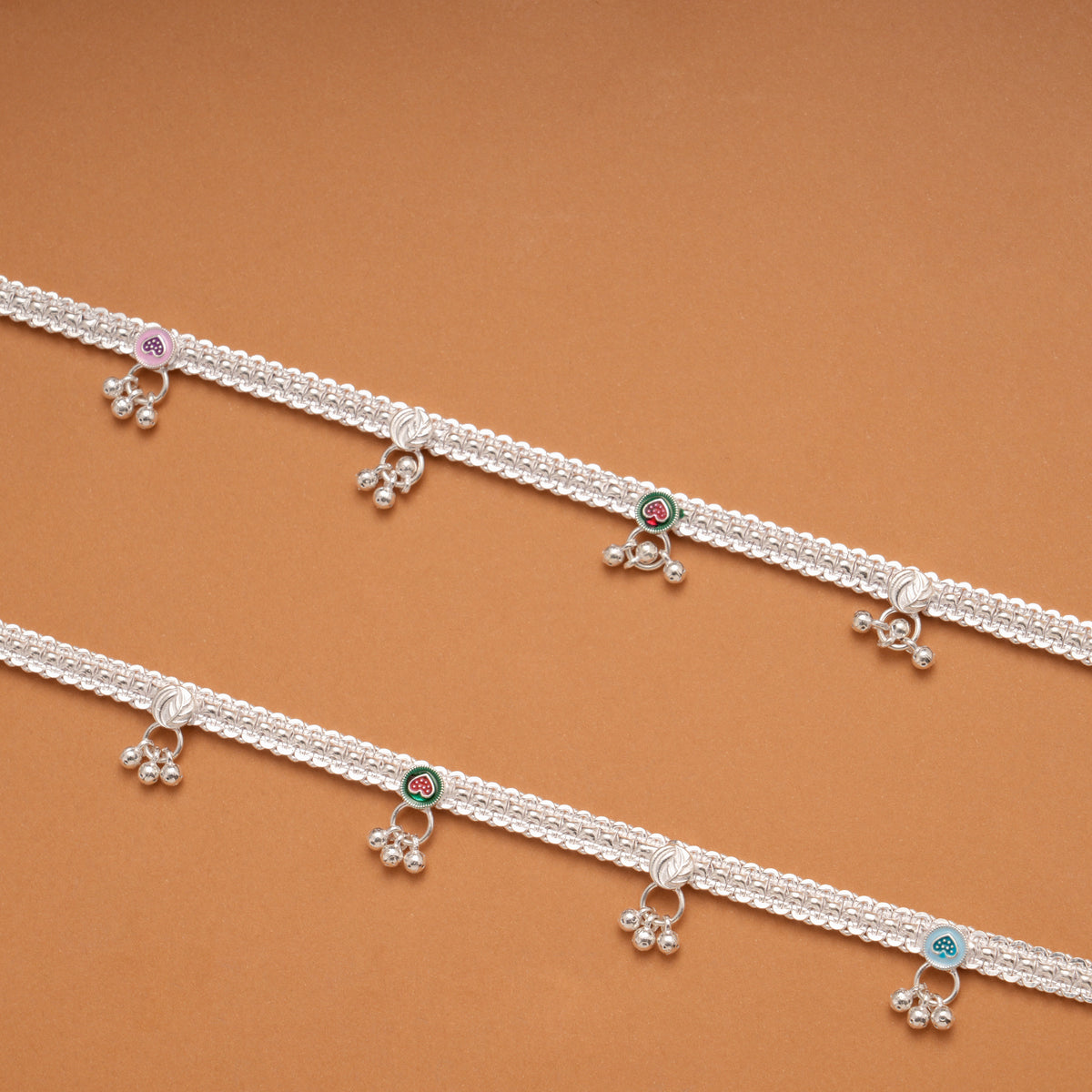 Modern Multi Color Heart Enamel Silver Anklets