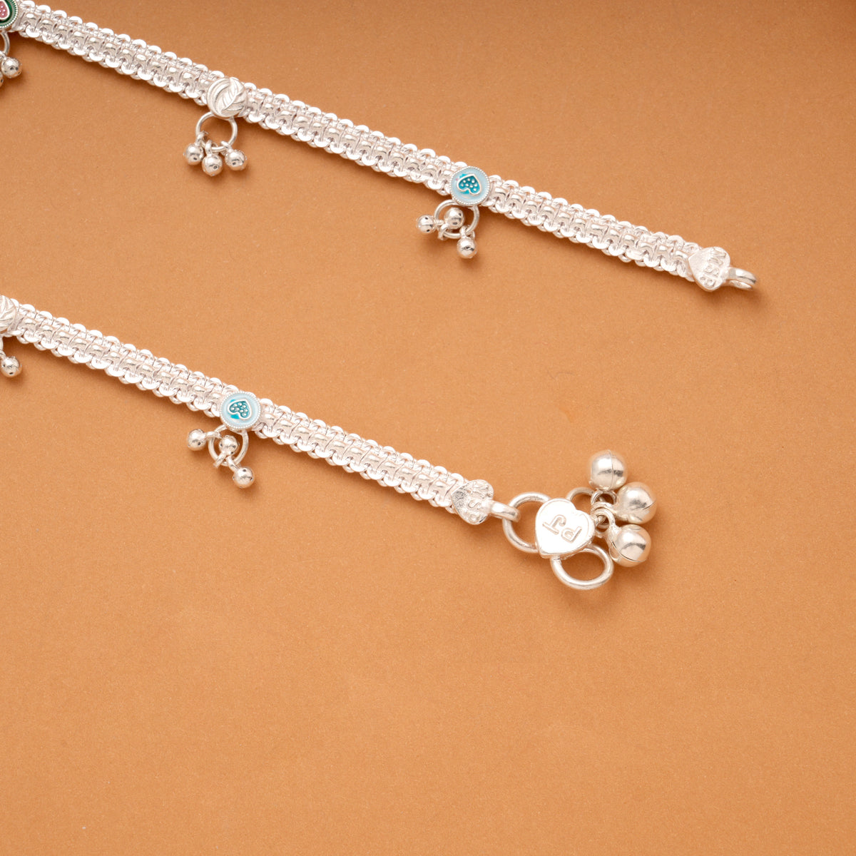 Colourful Heart Enamel Drops Design Silver Anklets