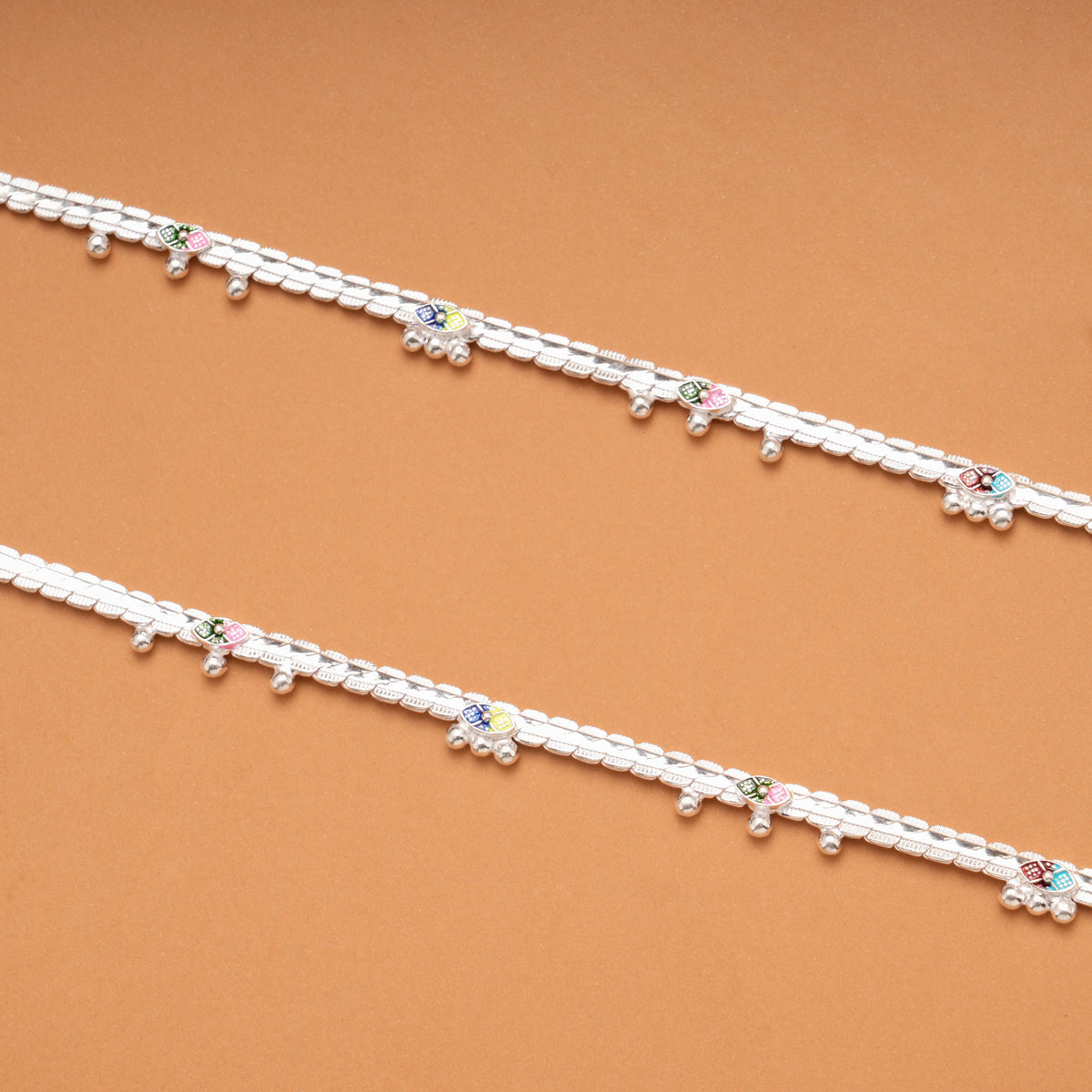 Elegant Multi Color Enamel Leaf Design Silver Anklets
