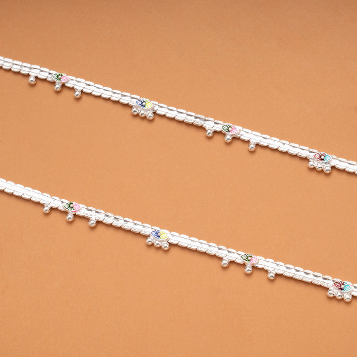 Elegant Multi Color Enamel Leaf Design Silver Anklets