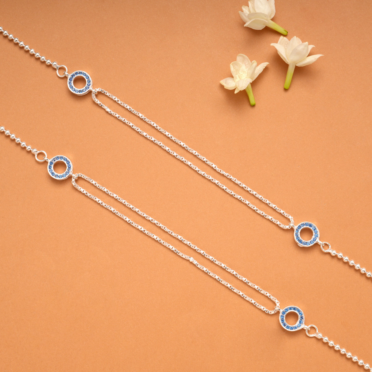 Double Circle Blue Stone Box Pattern Silver Anklets