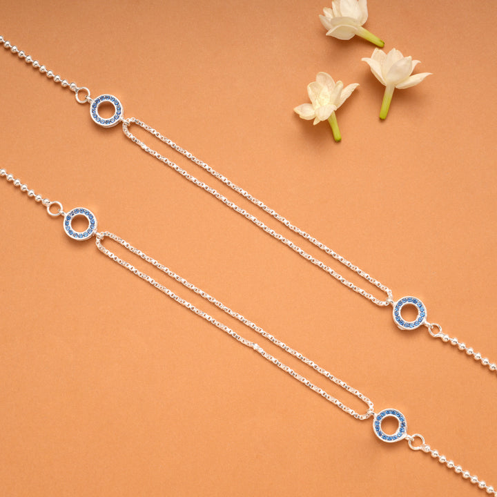 Double Circle Blue Stone Box Pattern Silver Anklets