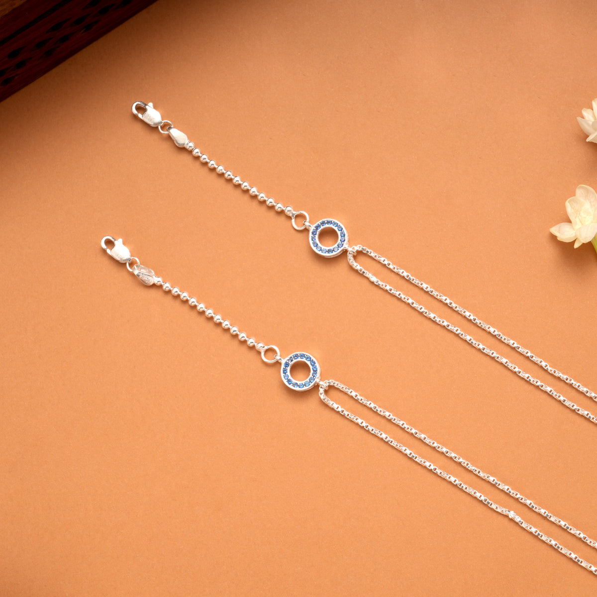 Double Circle Blue Stone Box Pattern Silver Anklets