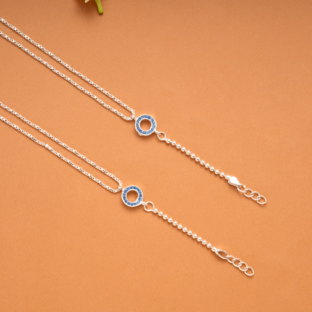 Double Circle Blue Stone Box Pattern Silver Anklets