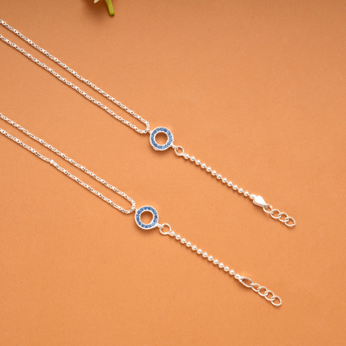 Double Circle Blue Stone Box Pattern Silver Anklets