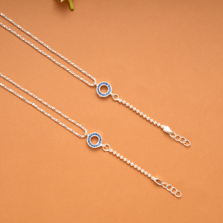 Double Circle Blue Stone Box Pattern Silver Anklets