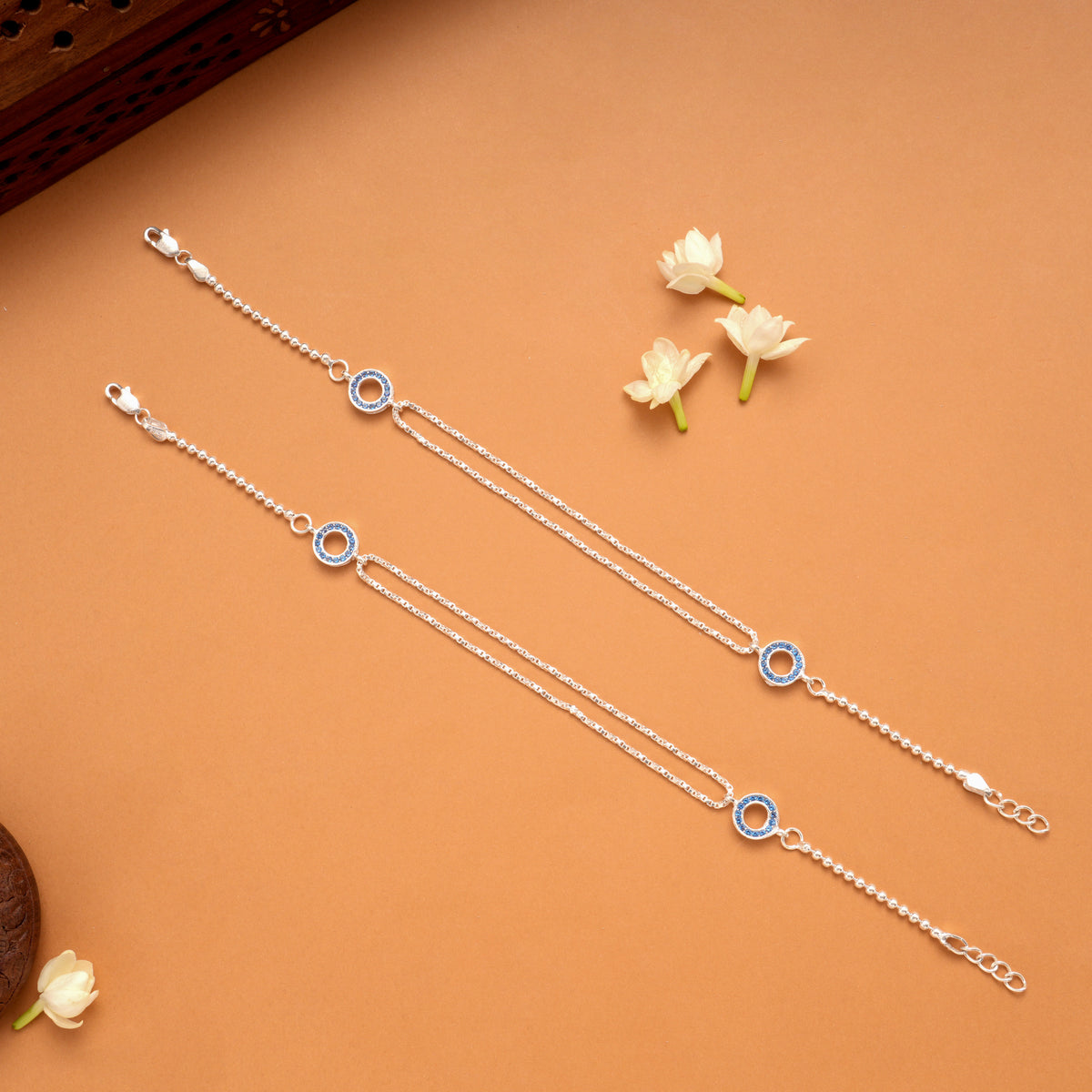 Double Circle Blue Stone Box Pattern Silver Anklets