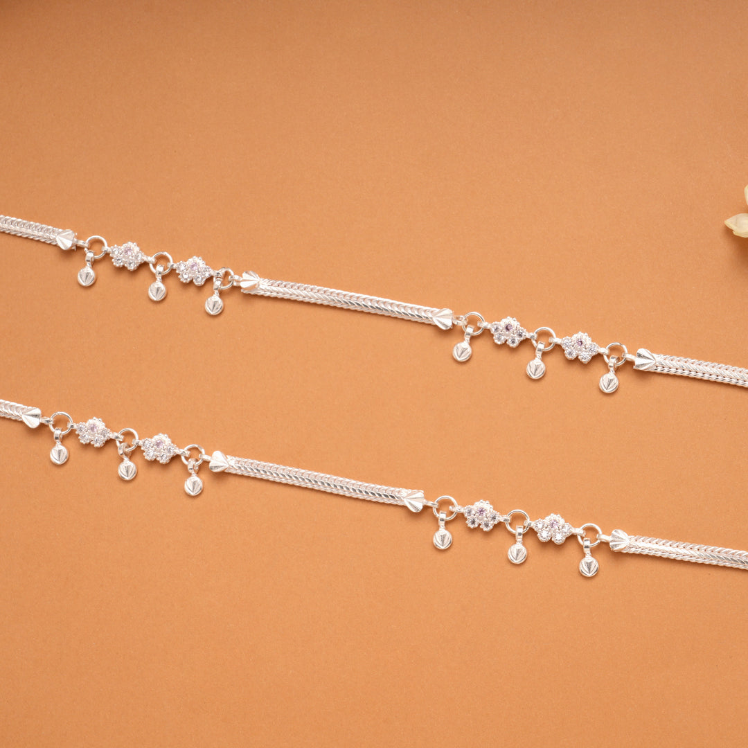 Sparkling White Stone Floral Silver Anklets