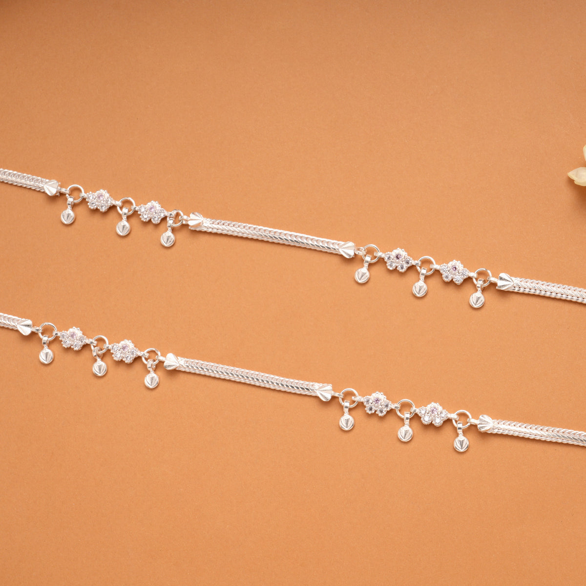 Sparkling White Stone Floral Silver Anklets