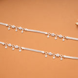 Sparkling White Stone Floral Silver Anklets