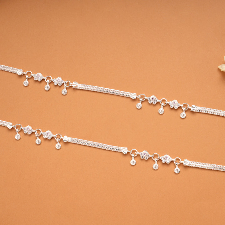 Sparkling White Stone Floral Silver Anklets
