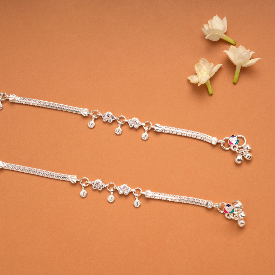 Sparkling White Stone Floral Silver Anklets