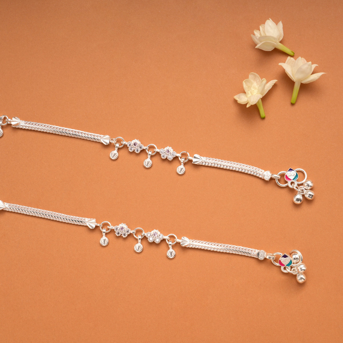 Sparkling White Stone Floral Silver Anklets
