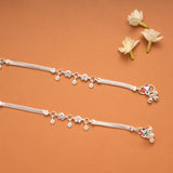 Sparkling White Stone Floral Silver Anklets