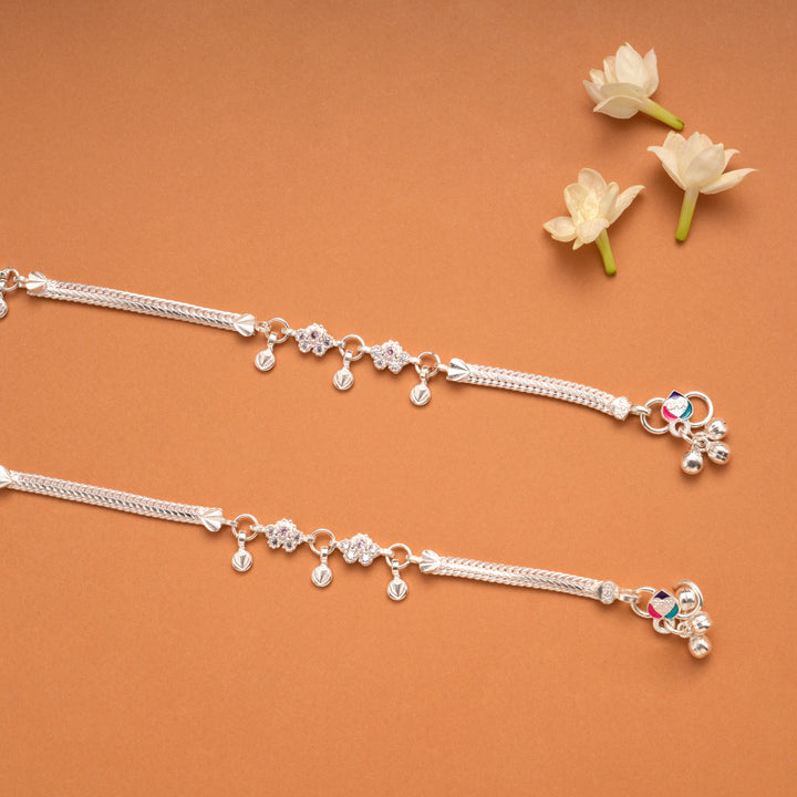 Sparkling White Stone Floral Silver Anklets