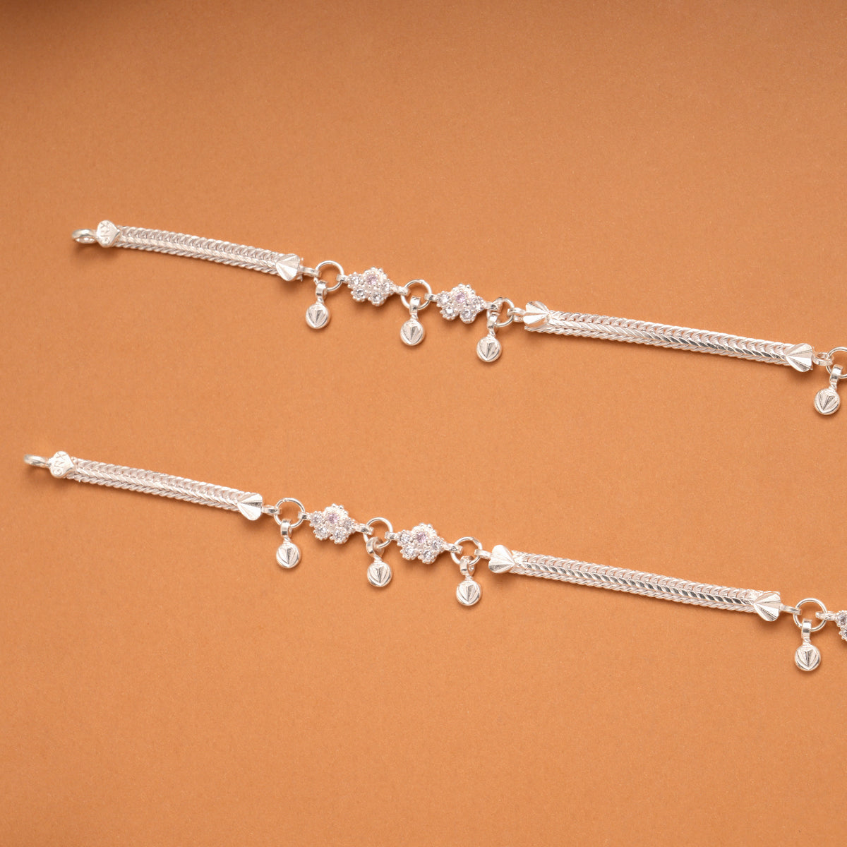 Sparkling White Stone Floral Silver Anklets