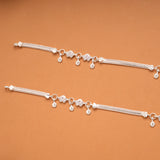 Sparkling White Stone Floral Silver Anklets