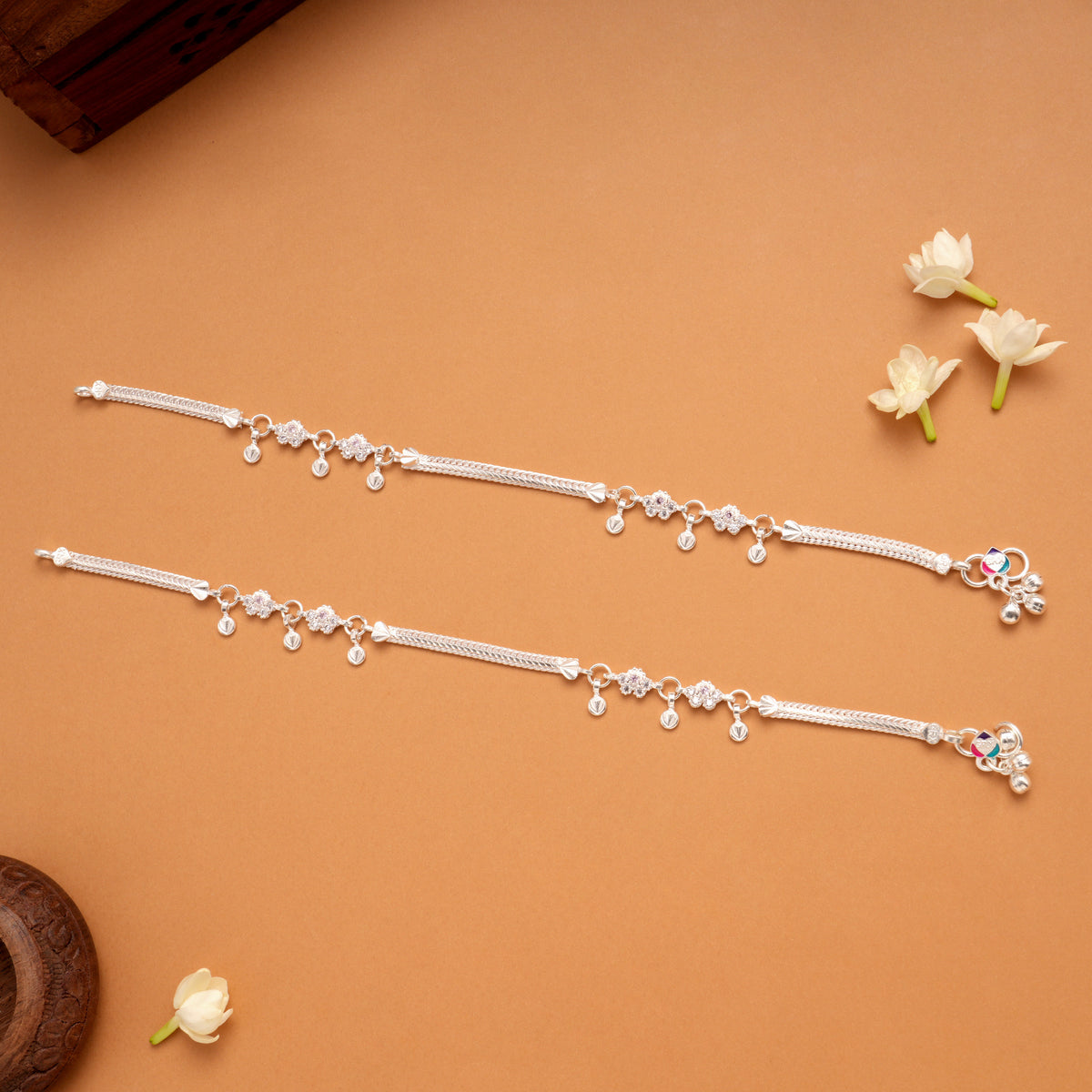 Sparkling White Stone Floral Silver Anklets