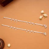 Sparkling White Stone Floral Silver Anklets