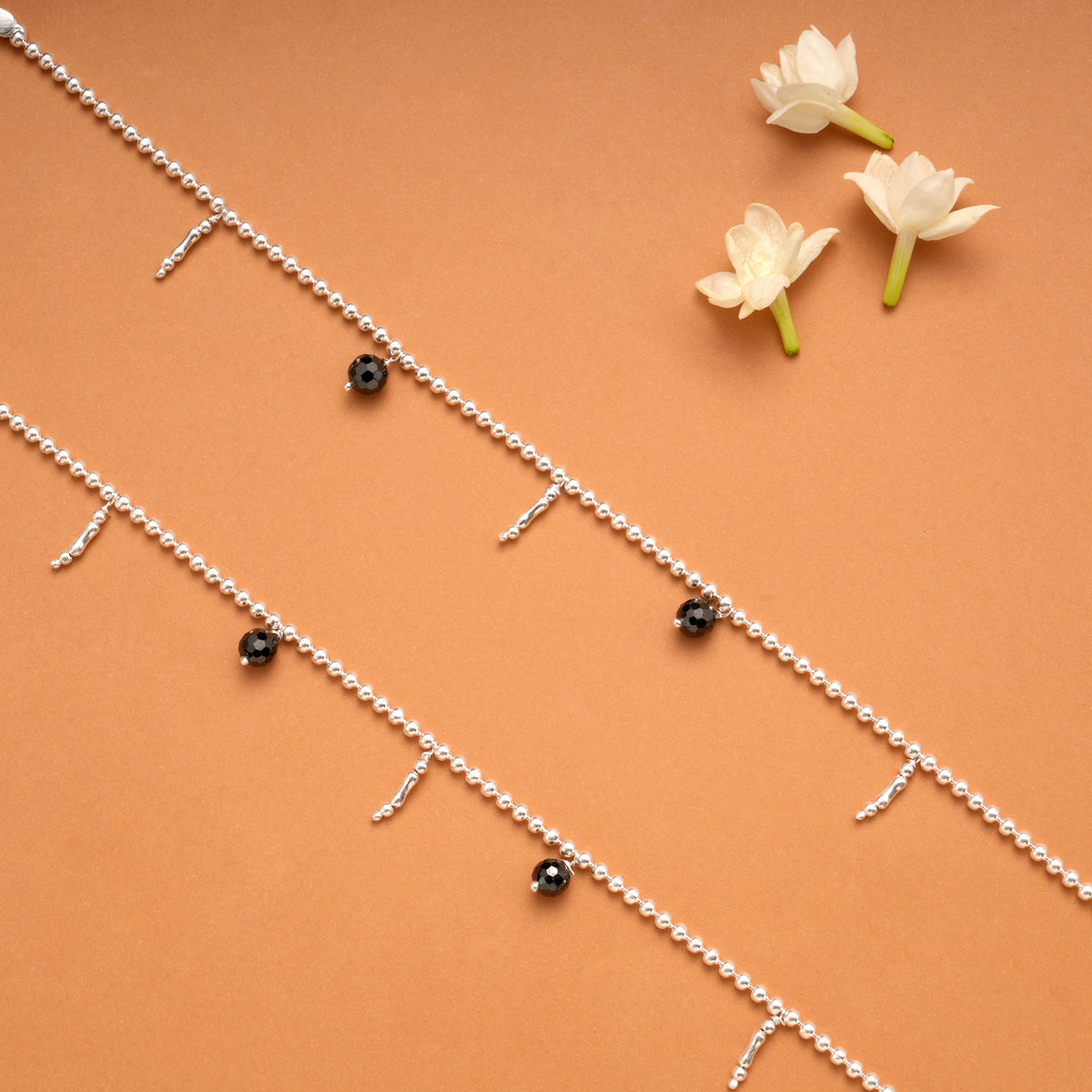 Dangling Black Beads Silver Balls Anklets
