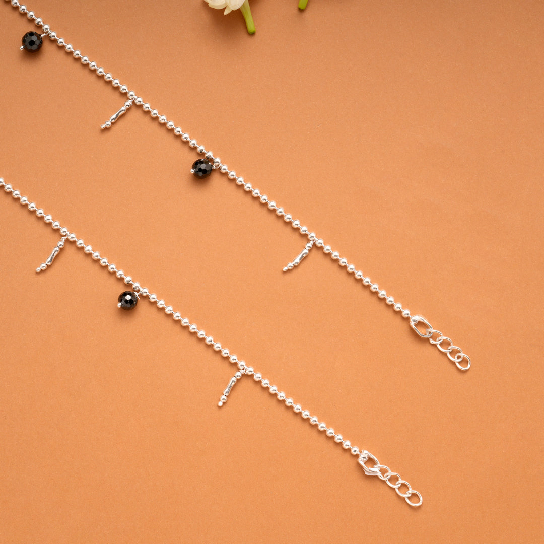 Dangling Black Beads Silver Balls Anklets