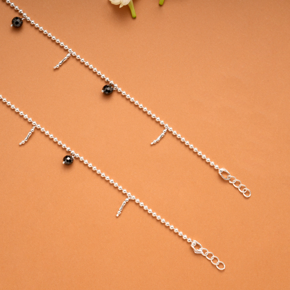 Dangling Black Beads Silver Balls Anklets