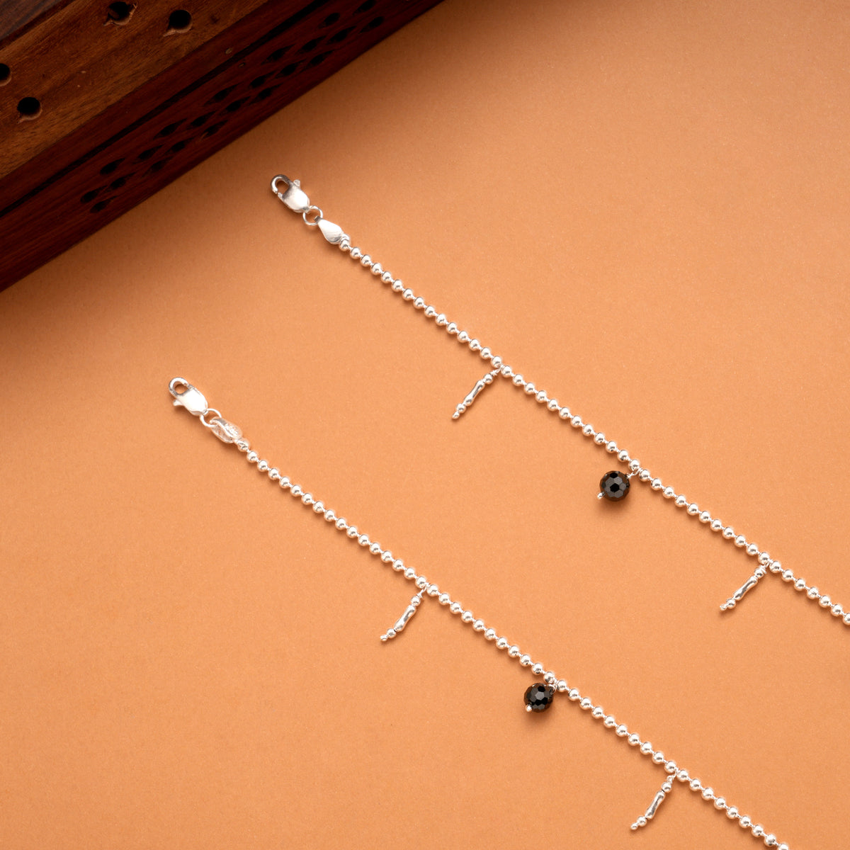 Dangling Black Beads Silver Balls Anklets