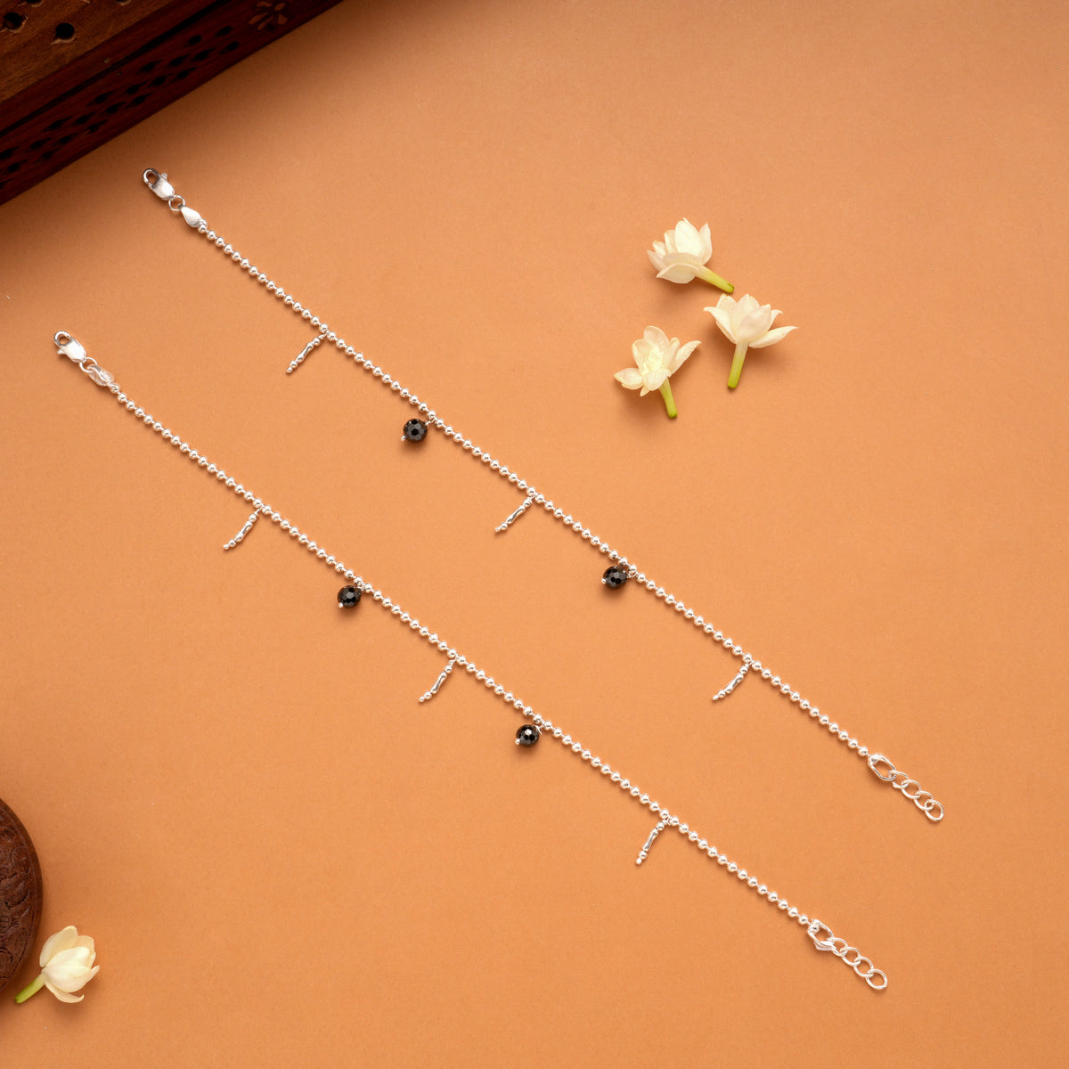 Dangling Black Beads Silver Balls Anklets