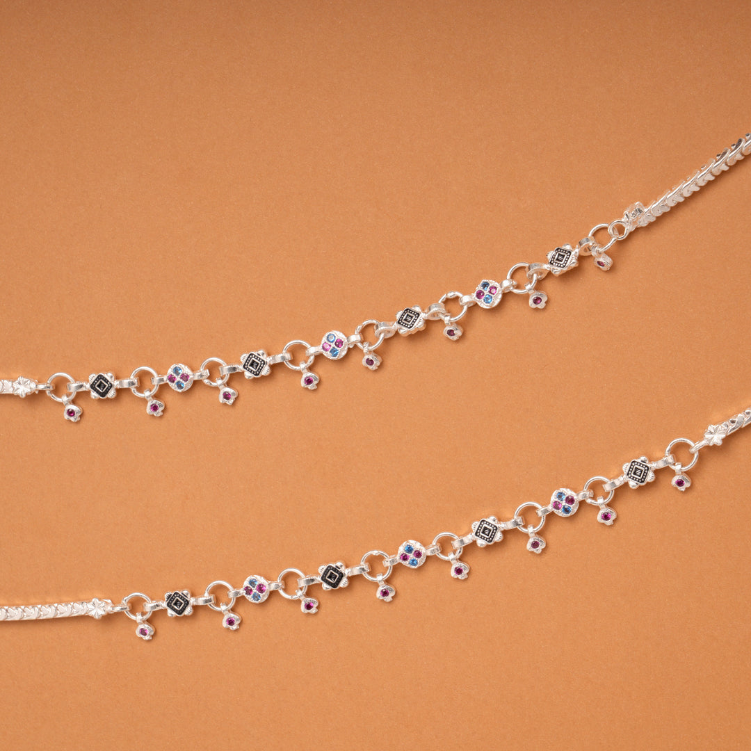Minimal Braided Circle Stone Silver Anklets