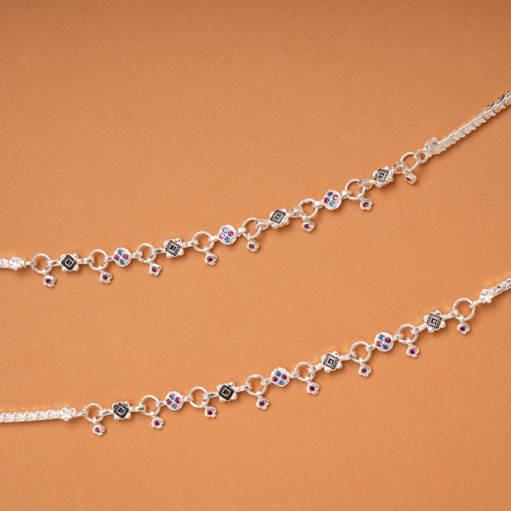 Minimal Braided Circle Stone Silver Anklets