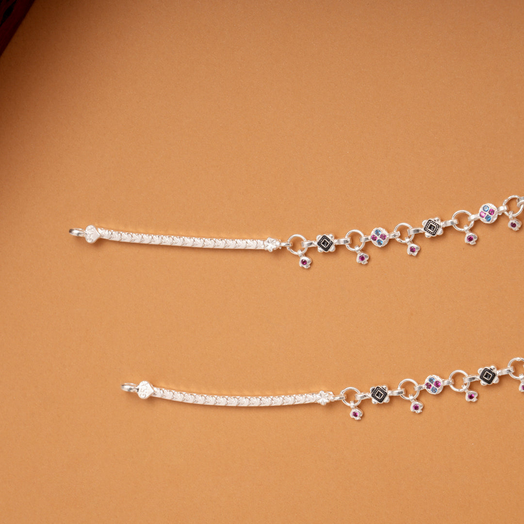 Minimal Braided Circle Stone Silver Anklets