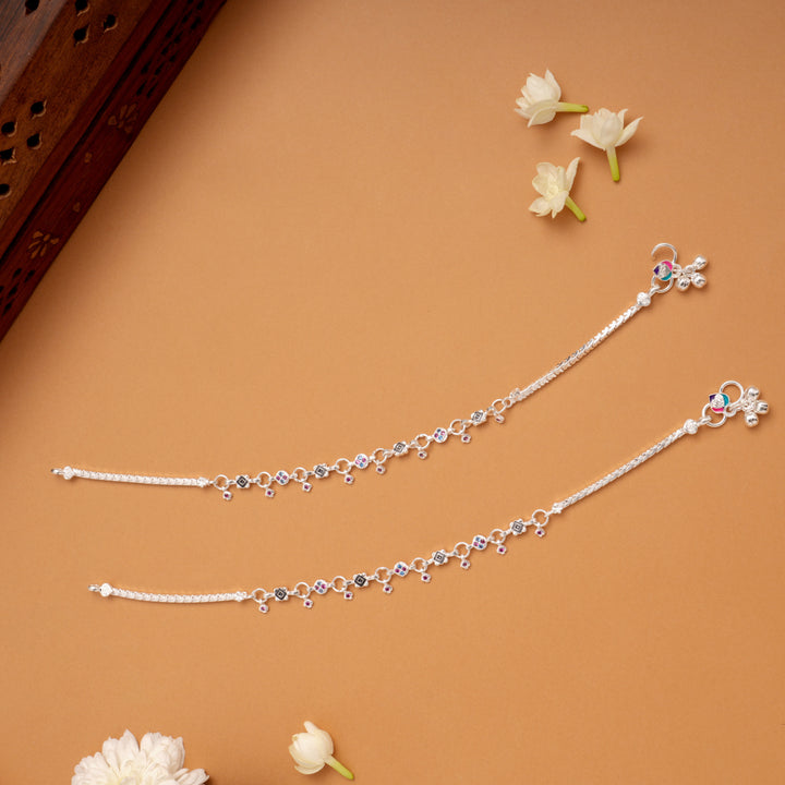 Minimal Braided Circle Stone Silver Anklets