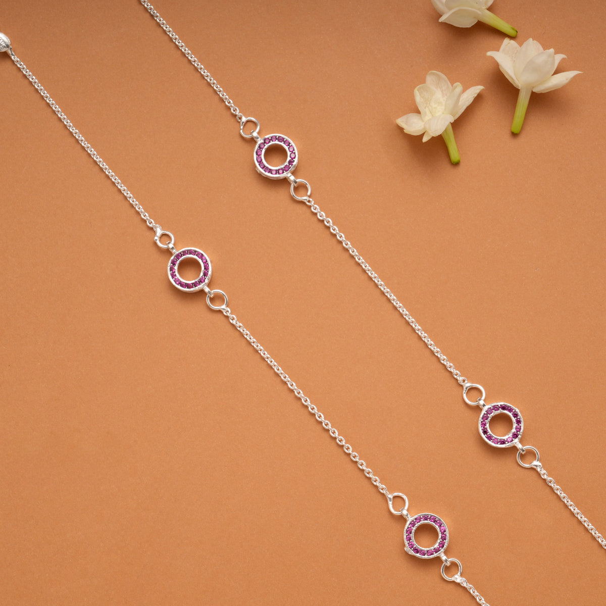 Twin Circle Design Pink Stone Silver Anklets