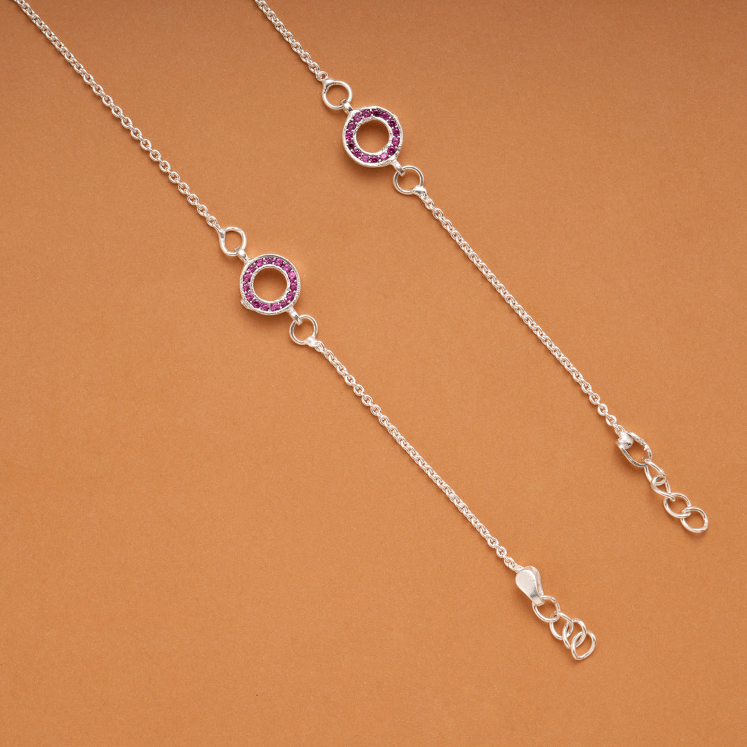 Twin Circle Design Pink Stone Silver Anklets