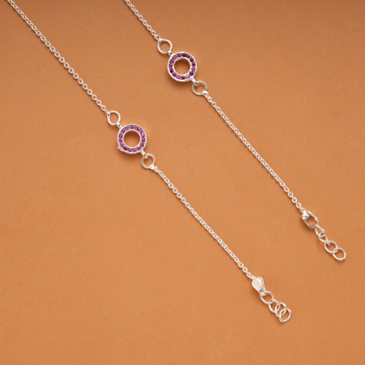 Twin Circle Design Pink Stone Silver Anklets