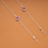 Twin Circle Design Pink Stone Silver Anklets