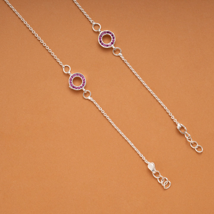 Twin Circle Design Pink Stone Silver Anklets