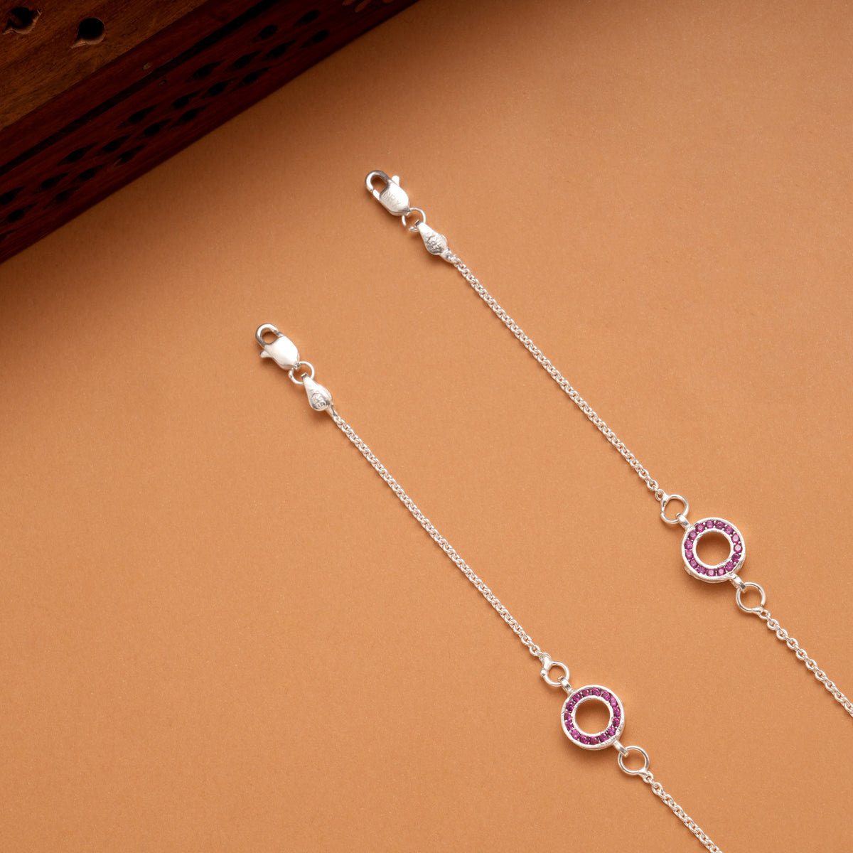 Twin Circle Design Pink Stone Silver Anklets