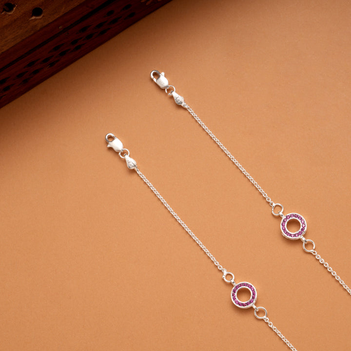 Twin Circle Design Pink Stone Silver Anklets