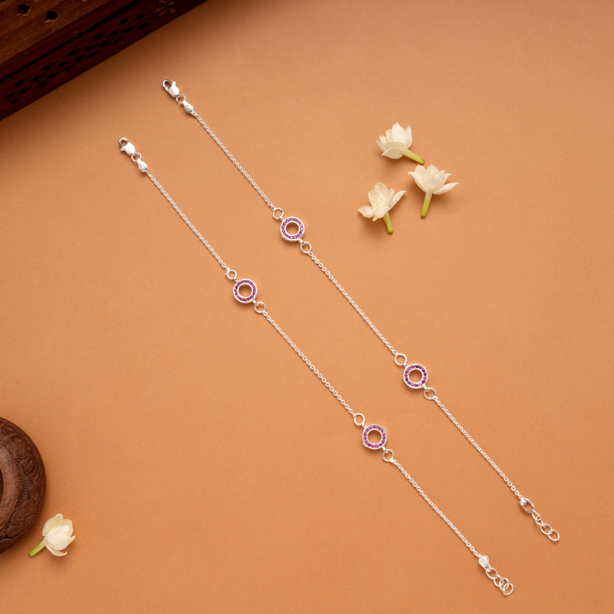 Twin Circle Design Pink Stone Silver Anklets