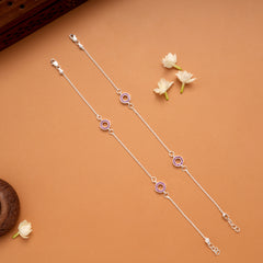 Twin Circle Design Pink Stone Silver Anklets