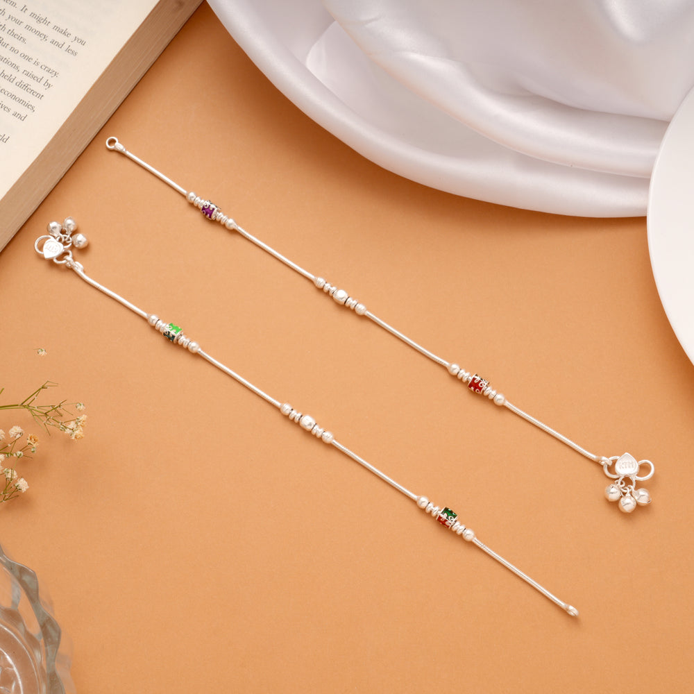 Colourful Enamel Beaded Intricate Design Silver Anklets