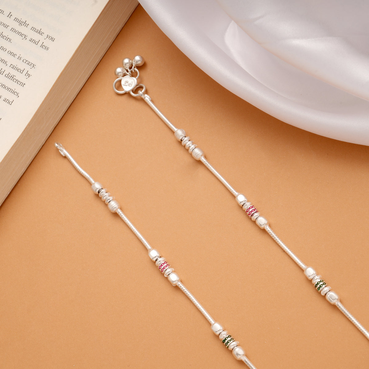 Delicate Enamel Beaded Design Silver Anklets