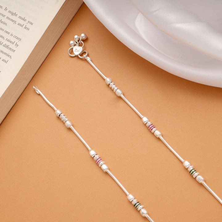 Delicate Enamel Beaded Design Silver Anklets