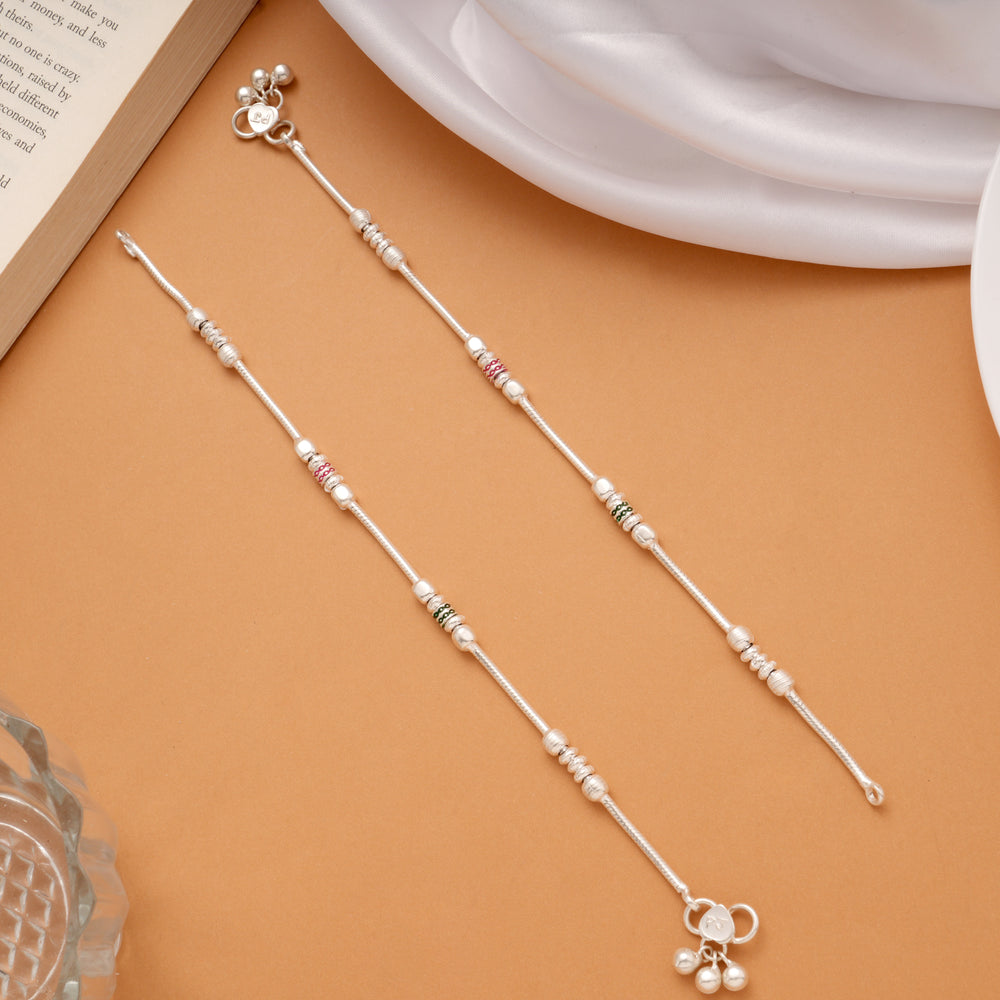 Delicate Enamel Beaded Design Silver Anklets