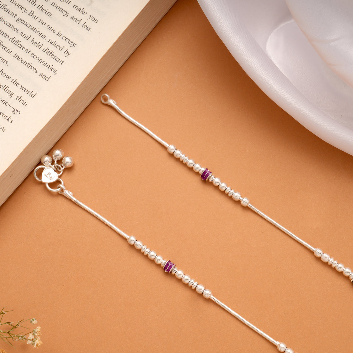 Purple and Blue Enamel Beaded Design Silver Anklets